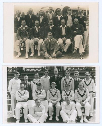 Surrey C.C.C. 1928 & 1938. Two original mono real photograph postcards of the Surrey teams of 1928 and 1938, the players seated and standing in rows wearing cricket attire. Players featured include Fender, Hobbs, Sandham, Strudwick, Holmes, Gover, Barling