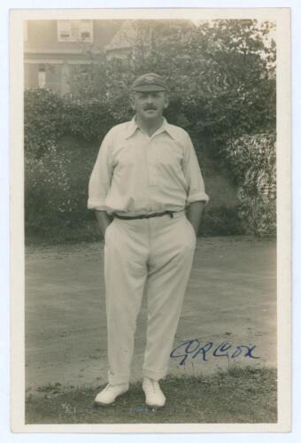 George Rubens Cox. Sussex 1895-1928. Mono real photograph postcard of Cox standing full length wearing cricket attire and Sussex cap. Nicely signed in ink to the photograph by Cox. Blind embossed stamp for Nias of Brighton and official stamp to verso for 