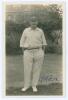 George Rubens Cox. Sussex 1895-1928. Mono real photograph postcard of Cox standing full length wearing cricket attire and Sussex cap. Nicely signed in ink to the photograph by Cox. Blind embossed stamp for Nias of Brighton and official stamp to verso for 