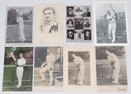 Charles Burgess Fry. Oxford University, Sussex, Hampshire, Europeans & England 1892-1921. Four early mono postcards and one colour of Fry depicted in varying batting poses. Series include Wrench (two different), Rotophot, Valentine’s and Star Series. Sold