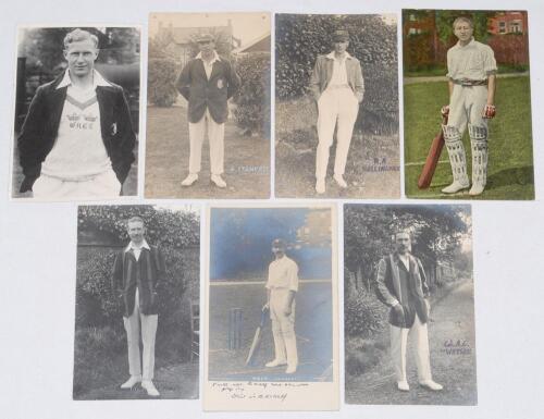 Sussex C.C.C. Early 1900s-1930s. Six mono/ sepia real photograph postcards of Sussex players and one in colour, each player depicted standing in differing poses. Players are L.C.R. Isherwood, A.E. Relf, A.C. Watson, R.G. Stainton, G.A. Stannard, and R.A. 