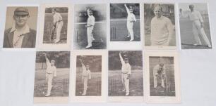 Sussex C.C.C. Early 1900s onwards. Five mono postcards, all Wrench Series, of Sussex players in varying poses at the wicket. Players are J. Vine (no. 1383, 2 slightly different), F.W. Tate (no. 1384), H.R. Butt (no. 1385), and W. Quaife (no. 2932). Also t