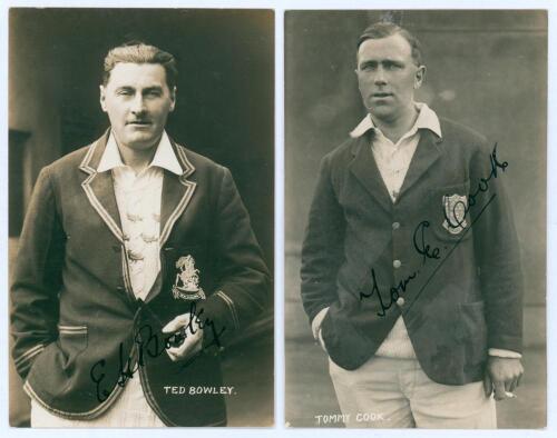 Ted Bowley & Tommy Cook. Sussex C.C.C. Two early original sepia real photograph postcards, one of E.H. Bowley (Sussex, Auckland & England 1912-1934), the other of T.E.R. Cook (Sussex 1922-1937). Both depicted three quarter length wearing cricket attire, B