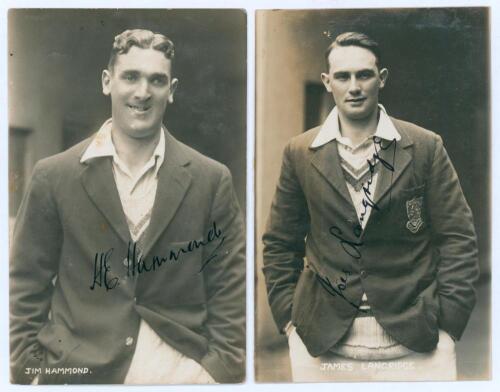 Jim Hammond & James Langridge. Sussex C.C.C. Two early original sepia real photograph postcards, one of H.E. Hammond (Sussex 1928-1946), the other of J. Langridge (Sussex, Auckland & England 1924-1953). Both depicted three quarter length wearing cricket a