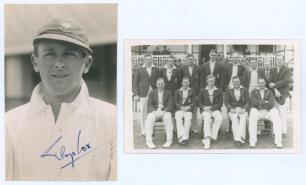 George Cox. Sussex 1931-1960. Original mono real photograph plain back postcard of Cox, head and shoulders wearing Sussex cap. Nicely signed in blue ink to the photograph by Cox. Sold with a mono real photograph postcard of the Sussex team of 1938, the pl