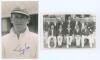 George Cox. Sussex 1931-1960. Original mono real photograph plain back postcard of Cox, head and shoulders wearing Sussex cap. Nicely signed in blue ink to the photograph by Cox. Sold with a mono real photograph postcard of the Sussex team of 1938, the pl