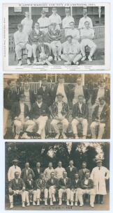 Warwickshire C.C.C. 1911-1925. Three mono postcards of Warwickshire teams, seated and standing in rows wearing cricket attire. Includes one printed postcard of the 1911 County Championship team (Shakespeare Press, Birmingham) and two real photograph postc