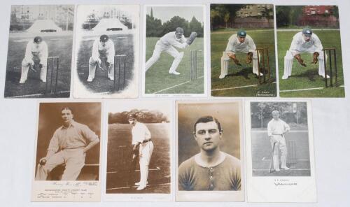 Warwickshire player postcards early 1900s. Nine early postcards of Warwickshire players in varying poses. Includes three sepia real photograph postcards of H. Howell (published by Adams & Co., Birmingham), W.G. Quaife (S.C.H. ‘Famous Cricketers’), and J.E