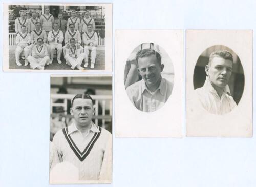 Worcestershire C.C.C. 1938. Mono real photograph postcard of the 1938 Worcestershire team seated and standing in rows wearing cricket attire. Sold with three mono postcards of Worcestershire players, one of Syd Buller (trimmed to sides) and two in cameo, 