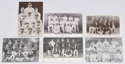 Yorkshire C.C.C. team postcards 1903-1924. Five early mono printed postcards including four Yorkshire teams seated and standing in rows wearing cricket attire for 1903, 1904 (two different, one an advertising postcard for Remnant Warehouse of Scarborough 