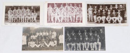 Yorkshire C.C.C. team postcards 1924-1929. Five mono postcards, of which four are real photographs, of Yorkshire teams. Includes a sepia real photograph postcard of two teams and officials, seated and standing in rows in caps and blazers. Ink annotation t