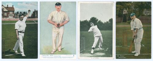 George Herbert Hirst. Yorkshire, Europeans & England 1891-1929. Four early colour postcards of Hirst full length in bowling poses. Publishers are Valentine’s, Raphael Tuck ‘Vanity Fair Cartoons’ Series no. 1707 and ‘In the Open’ Series no. 6451, and Natio