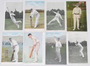 Yorkshire C.C.C. colour player postcards. Eight early colour postcards of Yorkshire players in various batting, bowling and fielding poses. Players are Lord Hawke, F.S. Jackson (3 different), J. Tunnicliffe (2) and W. Rhodes (2). Publishers include Valent