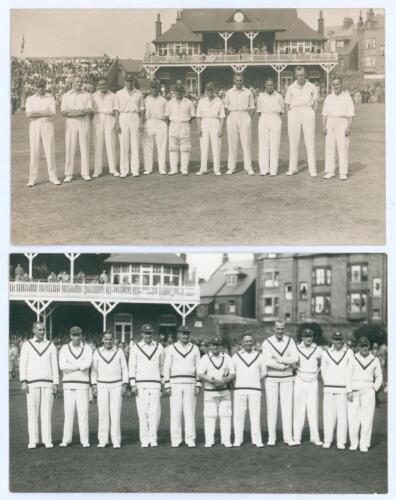 Scarborough Cricket Festival 1933 & 1938. &lsquo;Yorkshire Champion County&rsquo;. Two sepia/ mono real photograph postcards of Yorkshire teams at Scarborough for matches v. M.C.C. in 1933 and 1938, the players depicted wearing cricket attire standing in one row in f