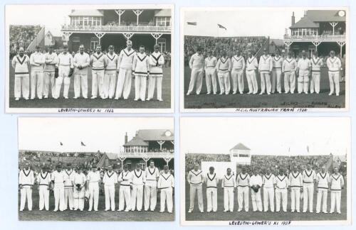 Scarborough Cricket Festival 1932-1938. Four mono real photograph plain back postcards of teams at Scarborough, the players depicted wearing cricket attire standing in one row in front of the pavilion or grandstand. Each postcard is titled in ink to lower