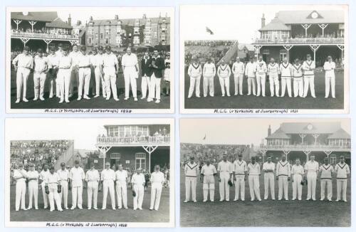 Scarborough Cricket Festival 1924-1936. Four mono real photograph plain back postcards of teams at Scarborough, the players depicted wearing cricket attire standing in one row in front of the pavilion/ grandstand. Three postcards depict M.C.C. teams and a