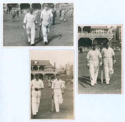 Scarborough Cricket Festival 1930s. Three mono/ sepia real photograph postcards of pairs of batsmen walking out to bat at Scarborough. Includes a plain back postcard of Len Hutton and Eddie Paynter playing for H.D.G. Leveson-Gower’s XI v. M.C.C. Australia