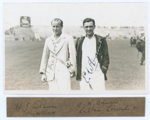 Tom Enthoven and Eddie Dawson. Scarborough 1929. Original mono real photograph plain back postcard of Enthoven and Dawson standing three quarter length on the outfield at Scarborough, wearing cricket attire and blazers. Signed in ink to the photograph by 