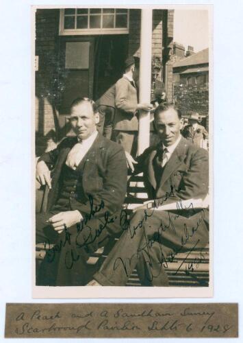 ‘A. Peach and A. Sandham, Surrey. Scarborough Pavilion’ 1928. Original sepia real photograph plain back postcard of Alan Peach and Andy Sandham seated on the pavilion steps at Scarborough, wearing formal attire. Nicely signed and dedicated in ink by both 