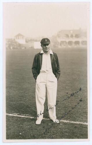 Edward Alexander van der Merwe. Transvaal & South Africa 1928-1938. Mono real photograph postcard of van der Merwe standing full length wearing South Africa cap and tour blazer on the outfield at Scarborough on the 1929 South African tour to England. Nice