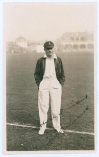 Edward Alexander van der Merwe. Transvaal & South Africa 1928-1938. Mono real photograph postcard of van der Merwe standing full length wearing South Africa cap and tour blazer on the outfield at Scarborough on the 1929 South African tour to England. Nice