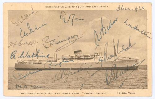 M.C.C. tour of South Africa 1948/49. Rarer sepia postcard of the Union-Castle Line ‘Durban Castle’ which took the team to South Africa. Signed in ink to card face by fifteen members of the touring party. Signatures are Mann (Captain), Evans, Palmer, Crapp