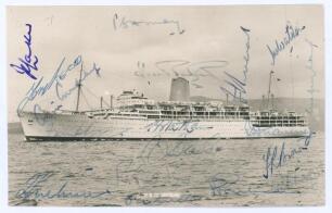 M.C.C. tour of Australia 1958/59. Mono postcard of the P&O ship ‘Iberia’ which took the team to Australia. Signed to card face by eighteen members of the touring party including May (Captain), Trueman, Watson, Laker, Tyson, Cowdrey, Brown, Statham etc. So