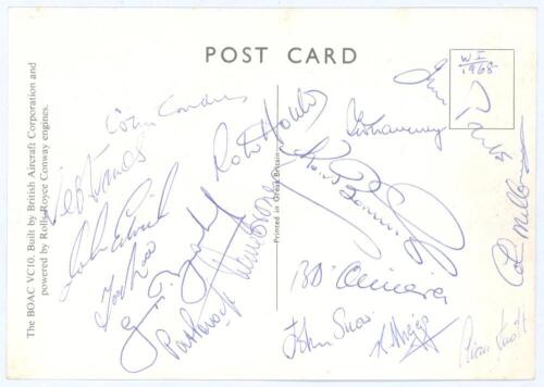 M.C.C. tour to West Indies 1967/68. Original colour postcard of ‘The BOAC VC10’ airliner, nicely signed to the verso by sixteen members of the M.C.C. touring party. Signatures are Cowdrey, Jones, Edrich, Lock, Boycott, Hobbs, Brown, Pocock, Parks, Gravene