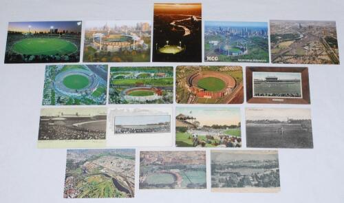 Australian cricket grounds early 1900s onwards. A good selection of colour and mono postcards of grounds in Australia, including some modern, depicting matches in progress, aerial views etc. Grounds featured include nine of Melbourne Cricket Ground includ