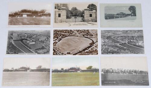 Nottinghamshire C.C.C. Trent Bridge ground. A selection of nine postcards depicting Trent Bridge cricket ground. Five early postcards depict matches in progress and include two versions of ‘Nottingham County Cricket Ground’, both by Raphael Tuck, one in c