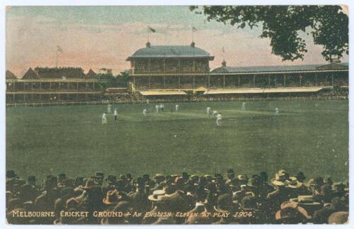 Australia v England, 1904. Rare original colour printed postcard of the Melbourne Cricket Ground with a match in play. Printed title to lower border ‘Melbourne Cricket Ground - An English Eleven at Play 1904’. E.P. Series. Postally unused. Minor wear to c