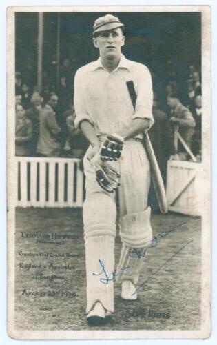 Len Hutton, Yorkshire & England. Mono real photograph postcard of Hutton walking out to bat in England cap. The card with printed inscription ‘Leonard Hutton (Yorkshire) creates a Test Cricket Record, England v Australia at The Oval. August 23rd 1938. 364