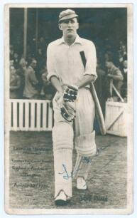 Len Hutton, Yorkshire & England. Mono real photograph postcard of Hutton walking out to bat in England cap. The card with printed inscription ‘Leonard Hutton (Yorkshire) creates a Test Cricket Record, England v Australia at The Oval. August 23rd 1938. 364