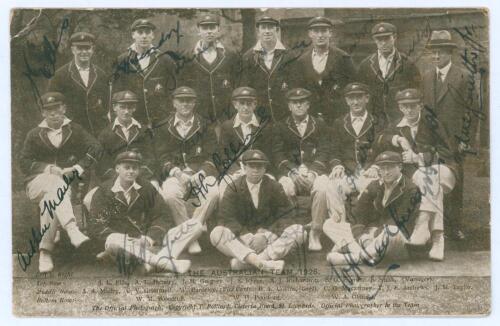 Australia tour to England 1926. Mono real photograph postcard of the Australian touring party seated and standing in rows in caps, blazers and cricket attire. Signed in ink to the photograph by all seventeen members of the touring party. Signatures includ