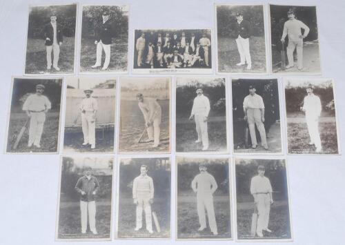 Australia tour to England 1905. Sixteen mono real photograph postcards of Australian cricketers and team who toured England in 1905, each player depicted standing full length in cricket attire, some in blazers, in various poses. All postcards from the sam