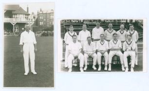 John Cornish ‘Farmer’ White. Somerset & England 1909-1937. Early original mono real photograph postcard of White standing full length on the outfield at Scarborough wearing cricket attire. H. Walker of Scarborough. Sold with a mono real photograph plain b