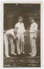 Middlesex C.C.C. c.1905. Early mono real photograph postcard of W. Dwyer, A.E. Trott and F.A. Tarrant standing full length at the wicket wearing cricket attire, Trott and Tarrant with Middlesex caps. Rival Photographic series no. 1394. Postally unused. Sm