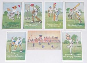 Comic cricket postcards. Selection of six Kismet Comic Series coloured postcards of various comic cricketing scenes illustrated by Donald McGill, 1911. Plus ‘Our Local Express- Harefield’. Comic colour cricket postcard showing a slow moving train to backg