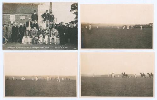 ‘Hambledon v. England played on Broadhalfpenny Down Sept 10, 11, 12 1908’. Rare mono real photograph postcard showing players from the first class match sitting and standing on the granite pillar which was unveiled on the opening day to honour the Hambled