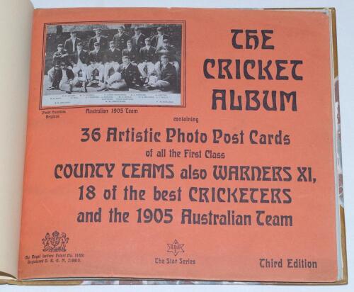 ‘The Cricket Album, containing 36 artistic photo post cards of all the first class county teams, also Warners XI, 18 of the best Cricketers and the 1905 Australian team’. 3rd edition. The Star Series. Complete original orange covered album of uncut postca