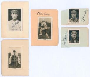 Signed cigarette cards early 1900s. Five mono real photograph cigarette cards, each individually laid to small album page. Two are signed in ink to the photographs by Surrey & England players, Jack Hobbs and Herbert Strudwick, three signed to the album pa