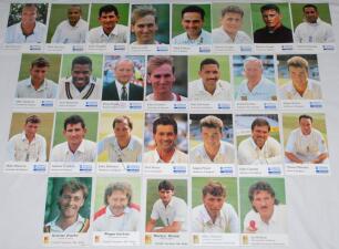 England signed Cornhill Insurance Test Series Cards. Eighty eight cards, each signed by the featured player with odd duplication of cards and signatures. Cards are Series ‘C’, 3 cards of Fowler and Larkins. Series ‘D’, 1 card of Moxon. Series ‘E’, 3 cards