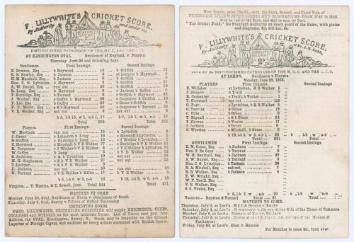 Gentlemen v. Players 1862 & 1863. Two early original scorecards, one for the drawn match played at Kennington Oval 26th- 28th June 1862 with complete printed scores. The other for the match at Lord’s 29th & 30th June 1863 with incomplete printed scores. P