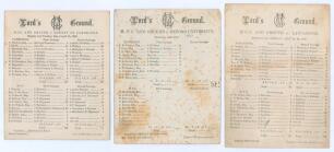 M.C.C. & Ground 1866-1869. Three early original scorecards for M.C.C. matches played at Lord’s. Matches are v. Cambridgeshire 14th & 15th May 1866, complete printed scores, M.C.C. won by two wickets. v. Oxford University, 27th & 28th June 1867, incomplete