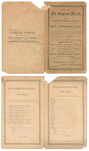 George Parr&rsquo;s &lsquo;All England Eleven in Australia and New Zealand&rsquo; 1863-64. The third England cricket tour overseas. &lsquo;Grand All England Match versus Twenty Two of Otago, 2nd to 4th February 1864&rsquo;. Very rare folding scorecard, printed by Mills, Dick & Co of D