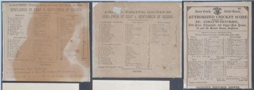 Gentlemen of Kent v. Gentlemen of Sussex 1866-1869. Three early original scorecards, all with complete printed scores. Two matches were played at Gravesend, 28th- 28th July 1866 (Kent won by one wicket), and 29th & 30th August 1867 (Kent won by an innings