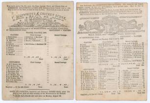 Gentlemen v. Players 1864 and 1865. Two early original single sided scorecards for matches played at Kennington Oval, 23rd- 25th June 1864 and 3rd- 5th July 1865. The 1864 scorecard with incomplete printed scores, which the Players won by the significant 