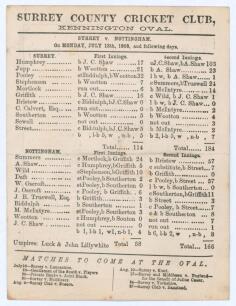 ‘Surrey v. Nottingham’ 1868. Early original scorecard with complete printed scores for the match played at Kennington Oval 13th- 15th July 1868. Surrey (114 & 58) beat Nottinghamshire (58 & 166) by 74 runs. The teams featured three England Test players, H