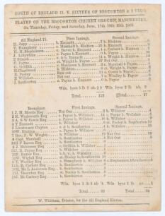 ‘[United] South of England 11 v. Sixteen of Broughton & 2 Pro’s’ 1869. Early original scorecard with complete printed scores for the match played at Broughton C.C. Ground, Salford, 17th- 19th June 1869. The South (113 & 67) lost to Broughton (83 & 99/6) b