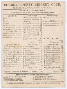 &lsquo;Surrey v. Lancashire&rsquo; 1869. Early original scorecard with complete printed scores for the match played at Kennington Oval 22nd & 23rd July 1896. Surrey (277 & 18/2) beat Lancashire (130 & 163) by eight wickets. James Southerton took thirteen wickets for 